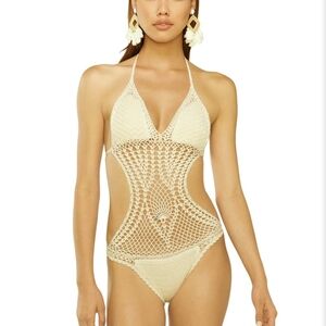 NWOT Cream Crochet Tie-Side Monokoni S / M Adjustable Festival Bikini Swimsuit